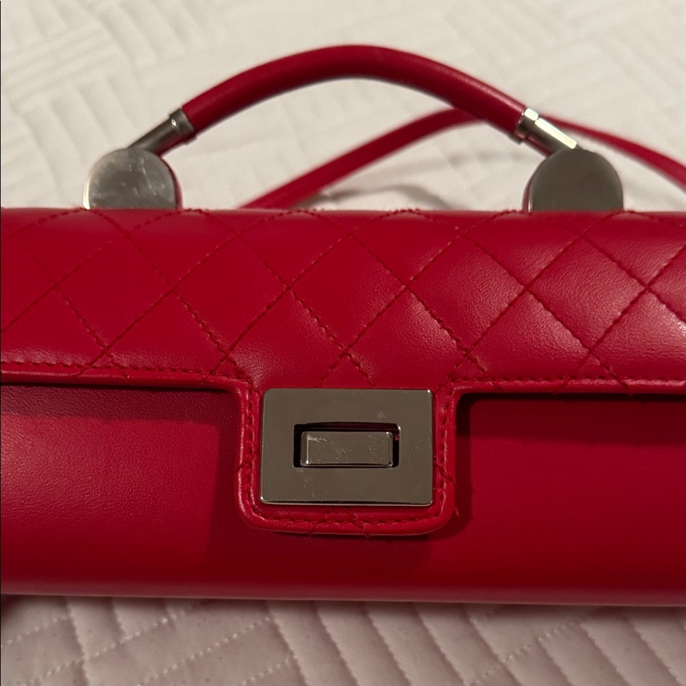Quilted Red Leather Top-Handle Clutch with Silver Hardware - Picture 5 of 9